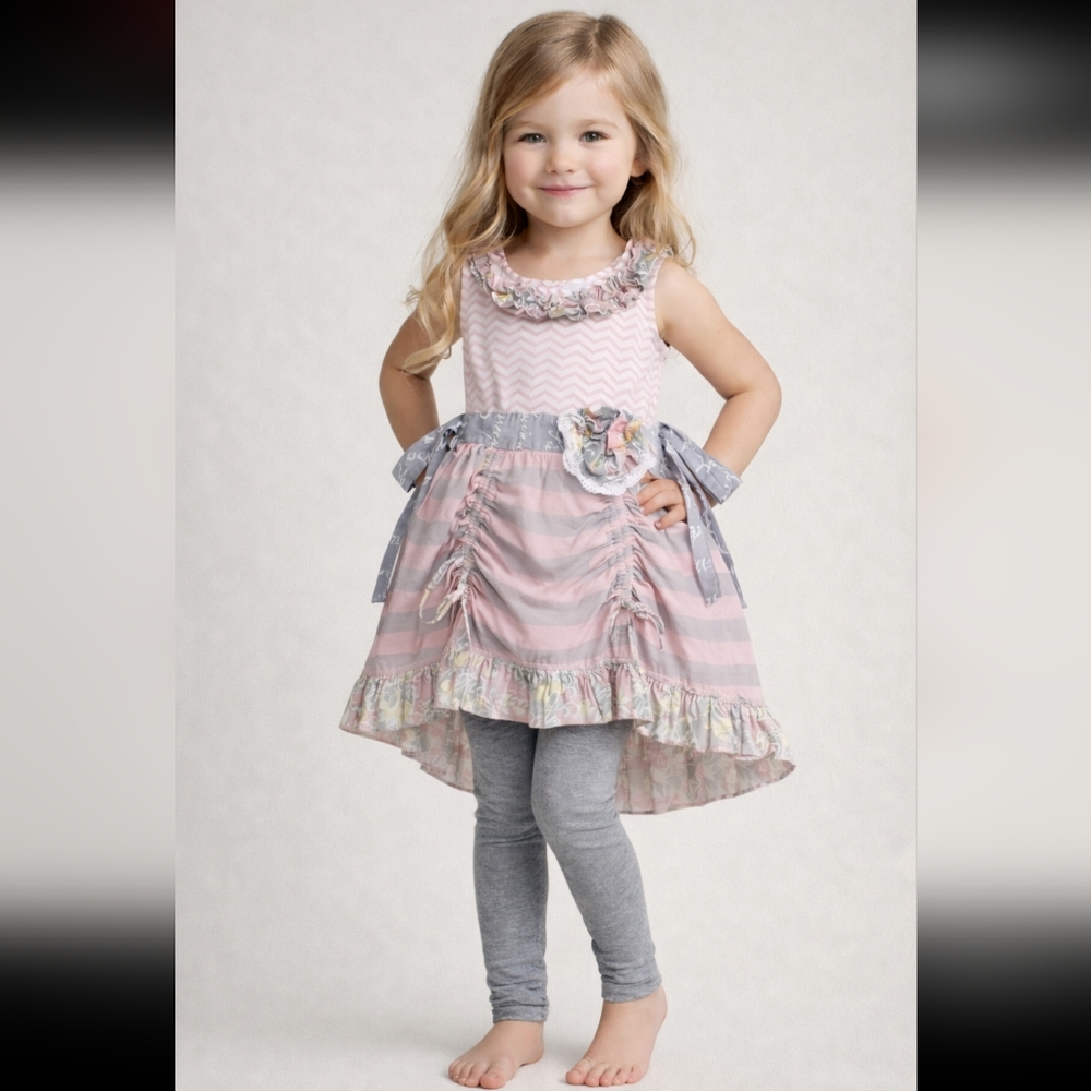 #1875 Mustard Pie Pink & Gray Ruffle Dress Adjustable Front Sz 5
